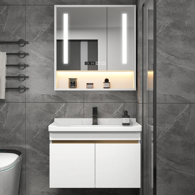 ตู้ห้องน้ำทรงแคบทันสมัย ตู้เก็บของแบบมีลิ้นชัก อ่างล้างหน้า กระจก ตู้โชว์ ตู้ห้องน้ำเข้ามุม ตู้เก็บของในห้องน้ำ เฟอร์นิเจอร์บ้าน 1