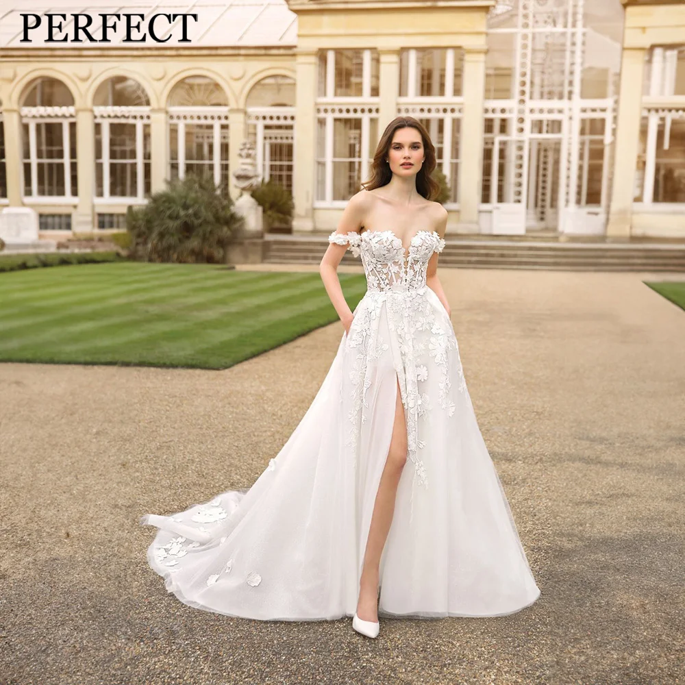 

PERFECT Gorgeous Wedding Dresses For Woman A-line FrontSlit Sweetheart Off The Shoulder Appliques Tulle Vestidos De Novia