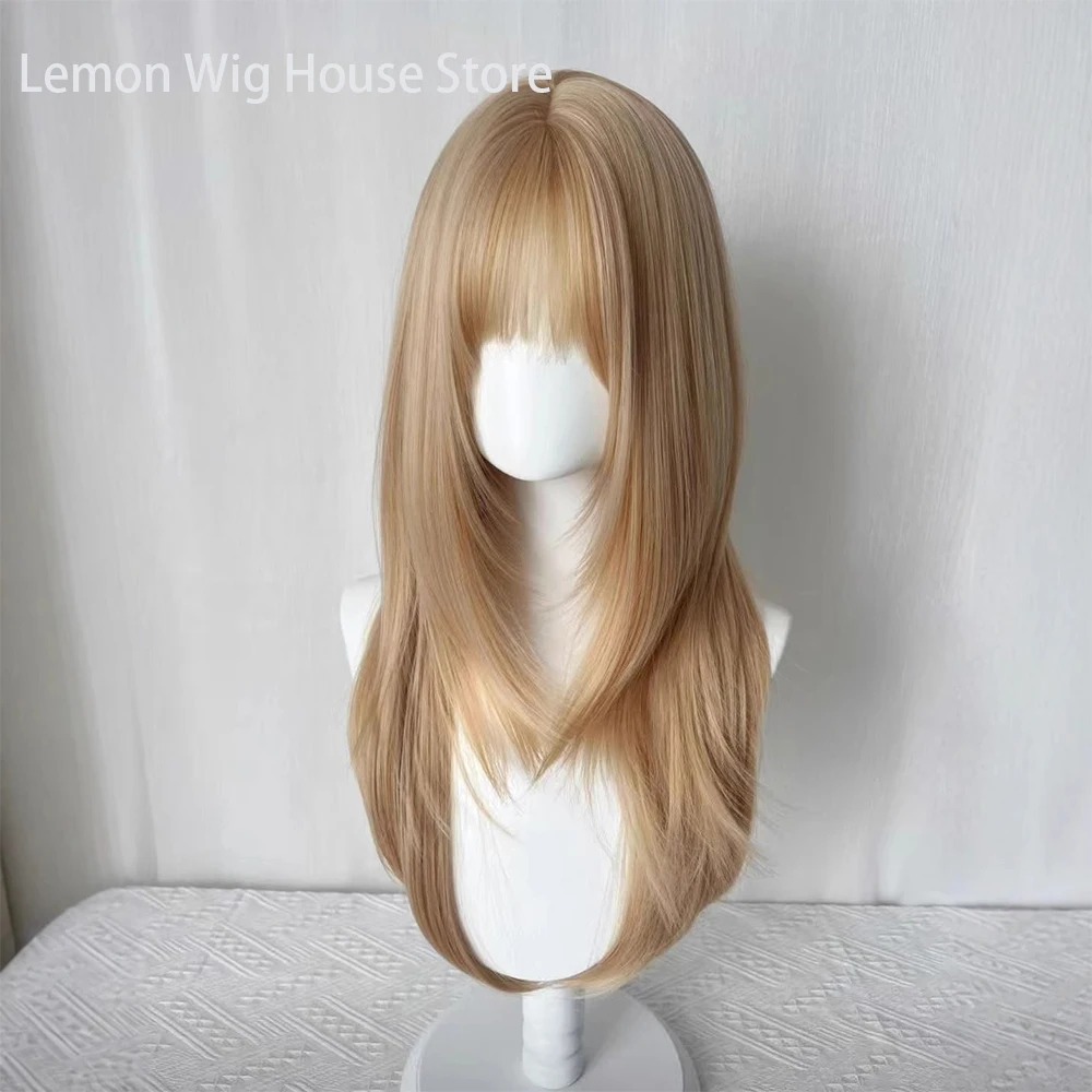 Flax Gold Synthetic Wig with Bangs Long Straight Hair High-Layered Lolita Wigs for Women's Daily Cosplay Wig Heat Resistant