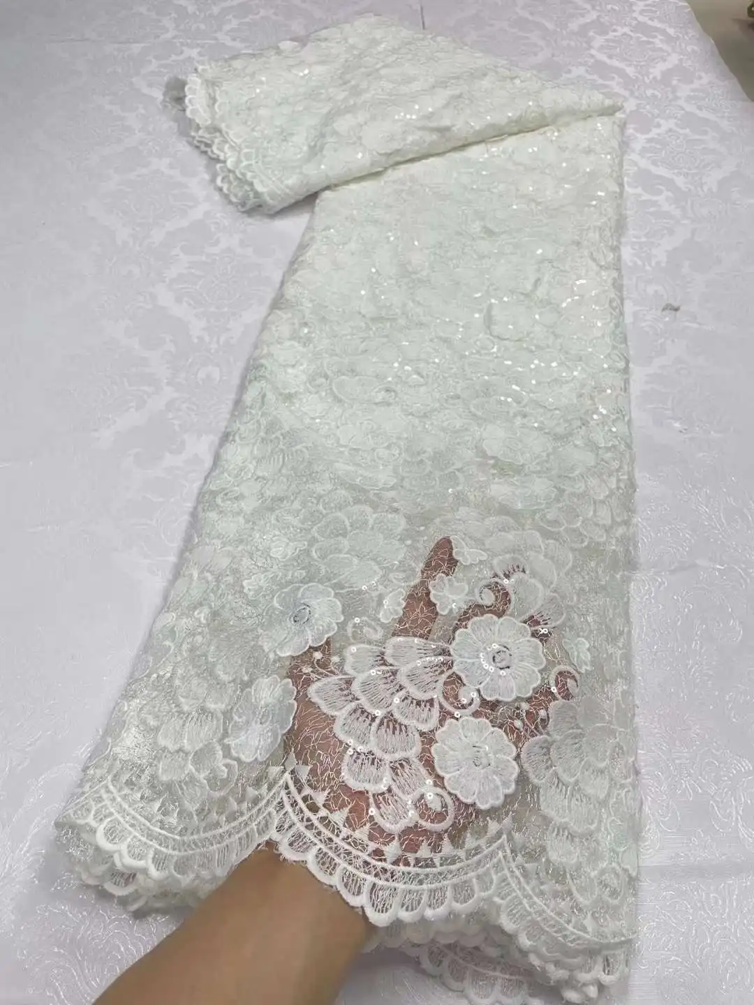 

White African Milk Silk Lace Fabric 2023 High Quality Nigerian Sequins Lace French Tulle Fabric For Wedding Party Dress Sewing