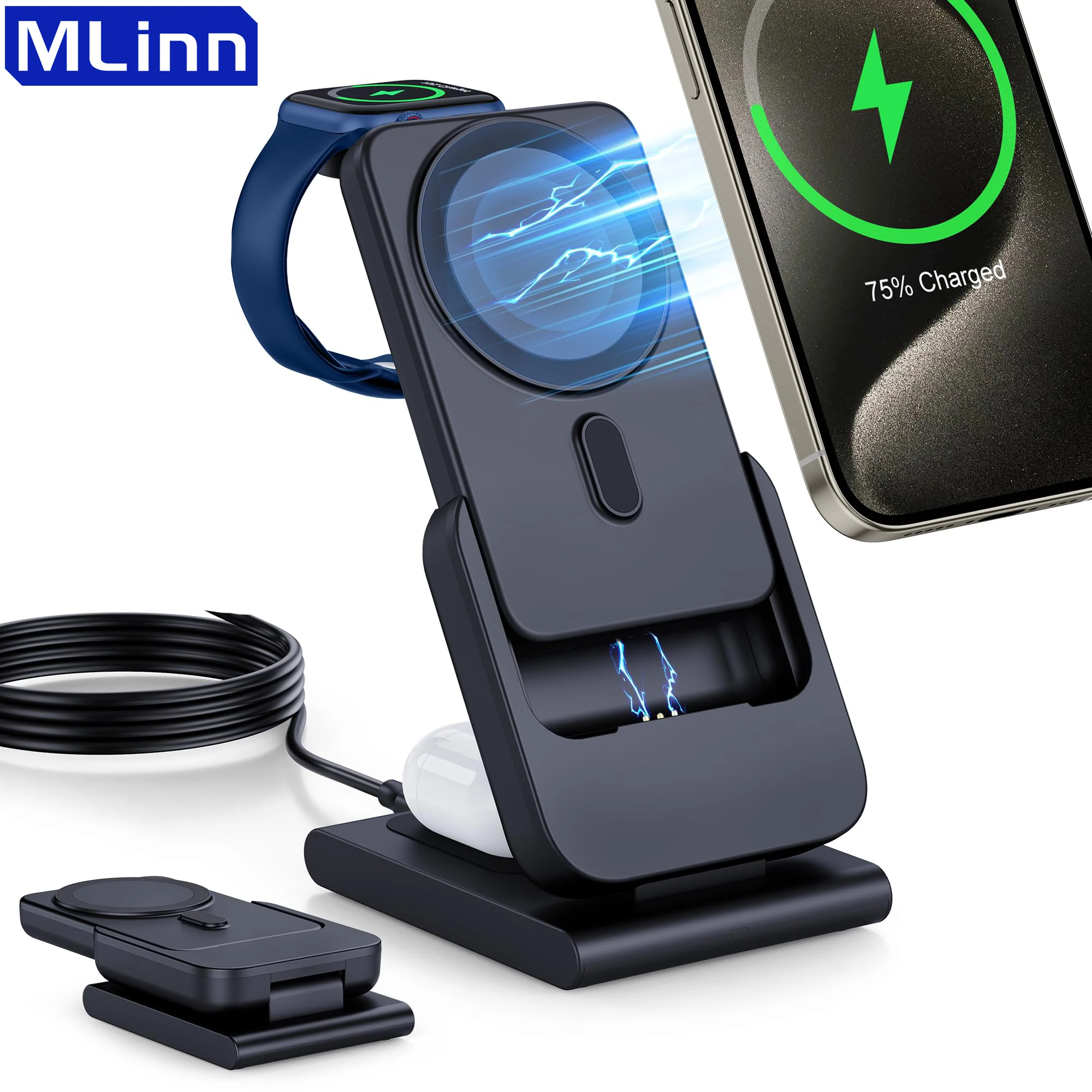 10000mAh 3 in 1 Wireless Charging Station Power Bank Foldable Magnetic Charging Station for Magsafe Stand iPhone 15/14/13 Watch