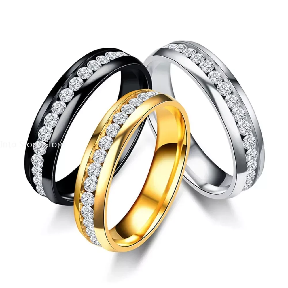 Size US6-13 Gold Silver Plated Black Color Stainless Steel Zircon Couple Ring Women's Ring Men's male female jewelry finger rings zircon rings couple rings stainless steel rings metal rings