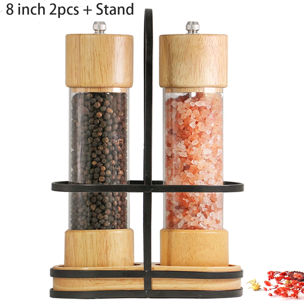 Wooden Salt and Pepper Grinder Set Manual Mills with Acrylic Visible Window and Iron Stand Kitchen Helper 6 /8 Inches