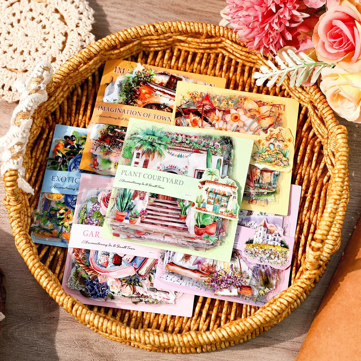 Forest Small Town Series 20Pcs Aesthetic PET Stickers Waterproof Vintage Building Scenery for Journals Planners Scrapbooking