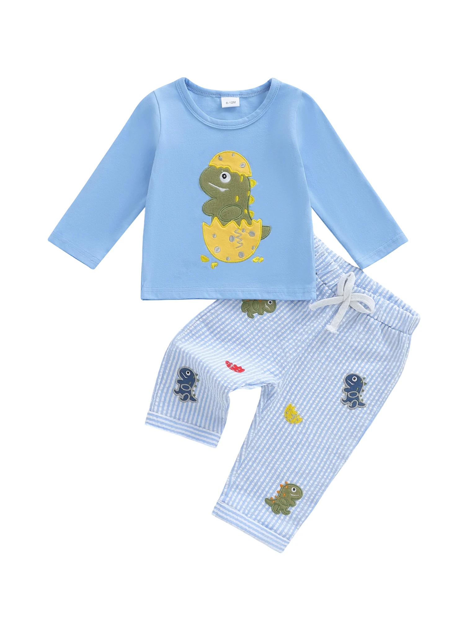 Cute Toddler Boy Autumn Clothes Dino Embroidery Sweater Striped Pants Set with Elastic Waistband for Playtime