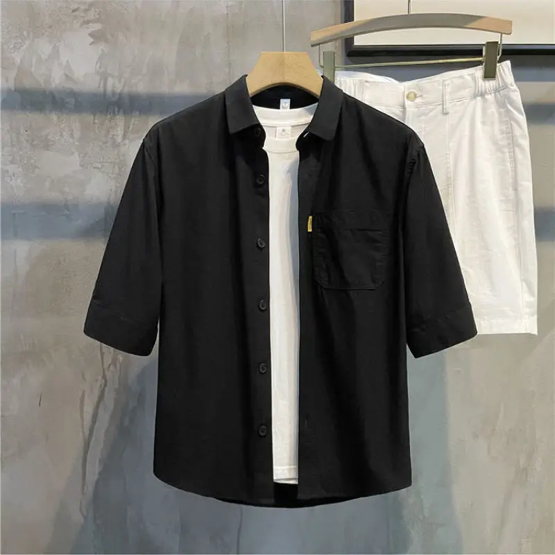 2024 New Summer Simplified Korean Edition Casual Loose Versatile Handsome Polo Collar Solid Color Mid Sleeved Shirt for Men 3