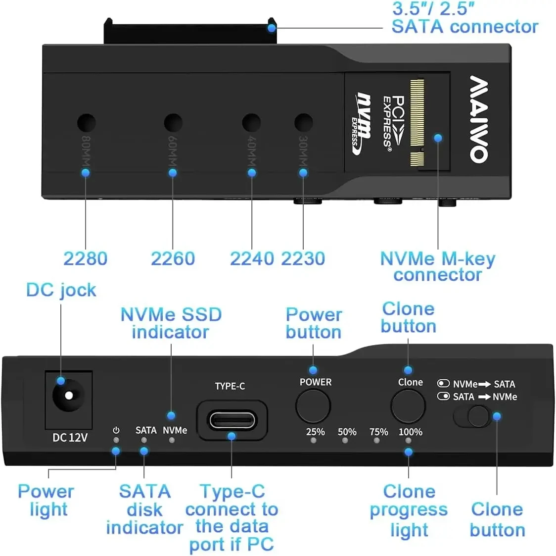 MAIWO M.2 NVMe to 2.5'' 3.5'' 오프라인 복제 SSD/HDD 인클로저 M.2 to SATA SSD HDD 복제기 최대 10Gbps 독립형 복제 복사기