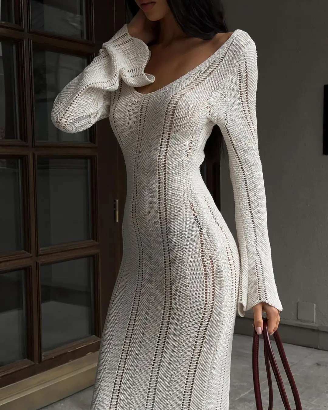 Hollow Out Knitwear Backless Long Dress Women's Slim High Waist Skinny Autumn Elegant Party Dress Female Knit Dress