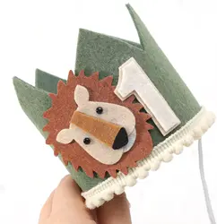 1PC 1st Kids Avocado Green Lion Birthday Crown First Baby Party White Non Woven Safari Animal Crown One Headwear Decorations