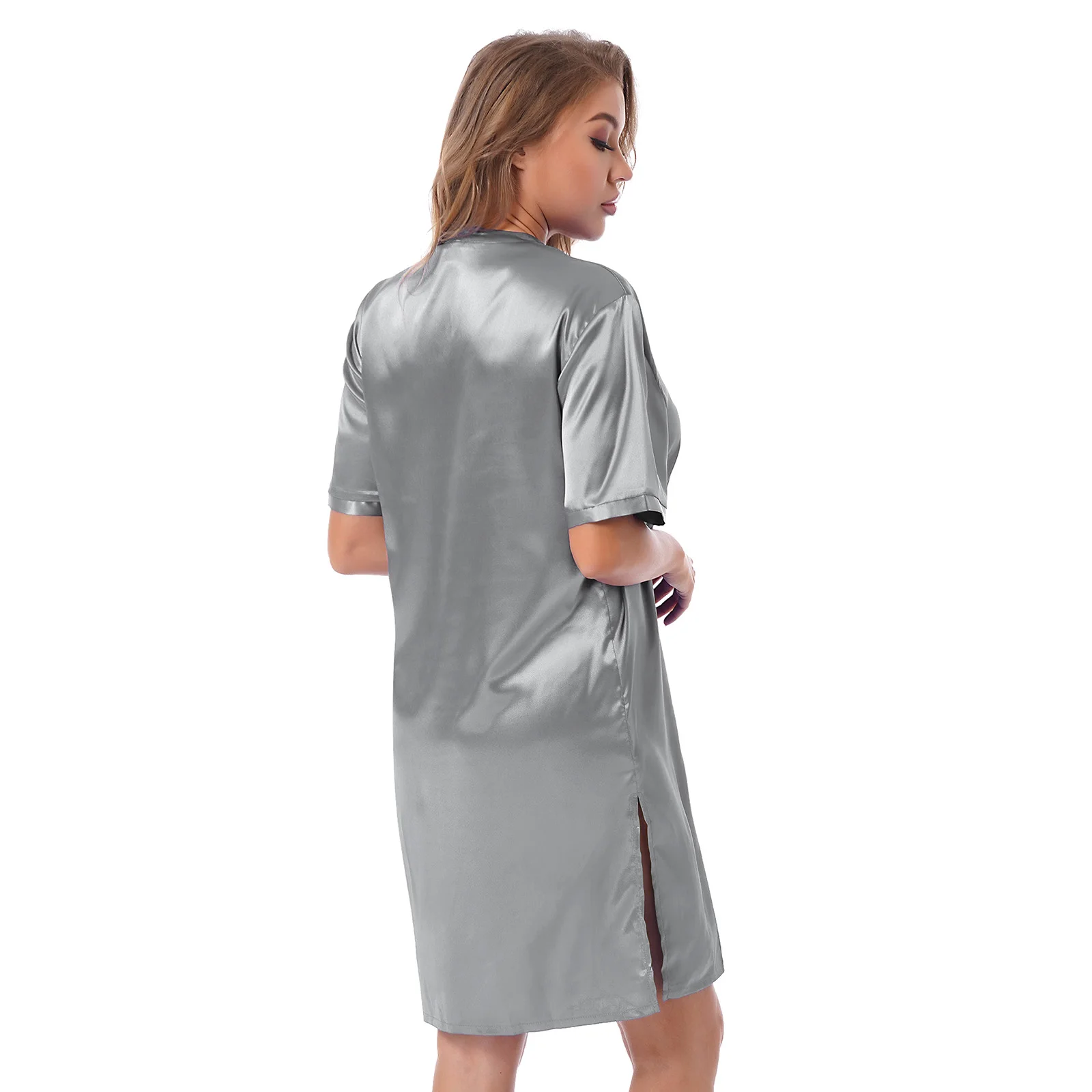 Womens Sides Split Nightgown Shirt Robes Satin Sleepwear Pajamas V Neck Night Dress Home Clothes Nightwear Sexy Night Homewear