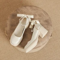 Chunky Block Pumps for Women Slip On Low Heel Closed Round Toe Dress Classic Mid Square Shoes Wedding Party Mary Jane Shoes 1