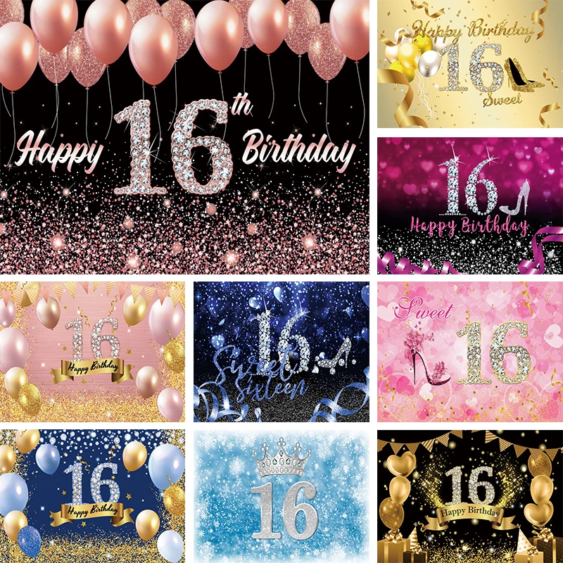 

Silver Glitters 16th Birthday Backdrop Girl Sweet 16 Years Party Decorations Blue Pink Diamond Photography Background Banner