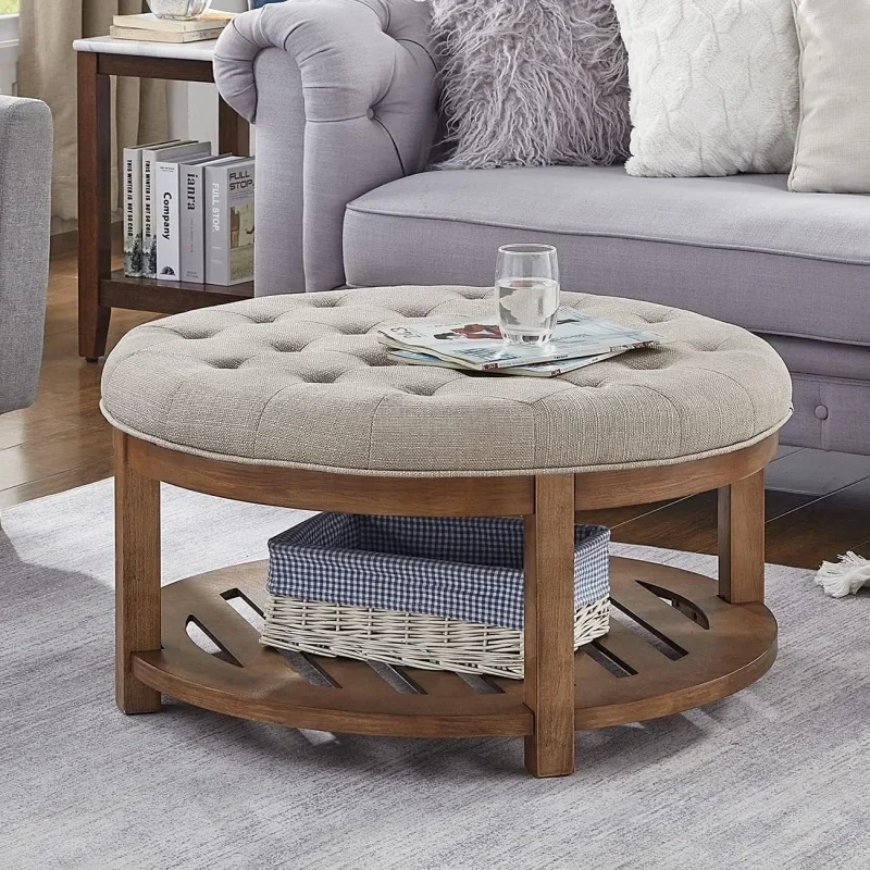 

24KF Large Round Upholstered Tufted Linen Ottoman Coffee Table, Large Footrest Ottoman with Wood Shelf Storage-Iinen