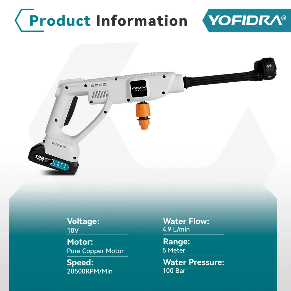 YOFIDRA 20500RPM High Pressure Car Water Spray Gun 100Bar 5M Cordless Garden Water Cleaning Power Tool For Makita 18V Battery 2