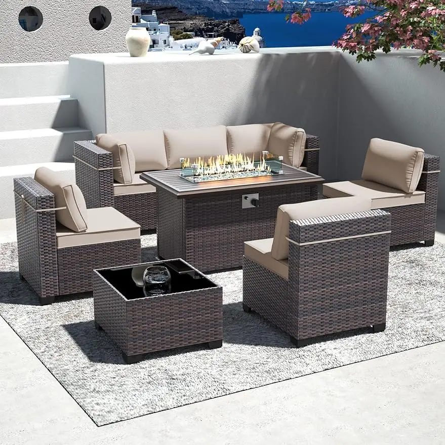 

6/7Pcs Outdoor Furniture Set w/Gas Fire Pit Table, Sectional Sofa w/ Propane Fire Pit, PE Wicker Rattan Patio Conversation Sets