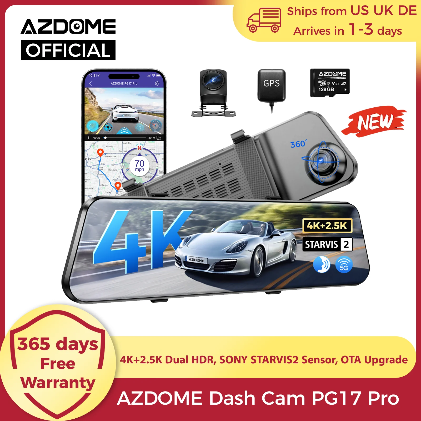AZDOME 4K+2.5K Dash Cam PG17 Pro Dual HDR Rear View Mirror Camera SONY STARVIS2 Sensor 5G WiFi OTA Upgrade Timeline Playback dash cam