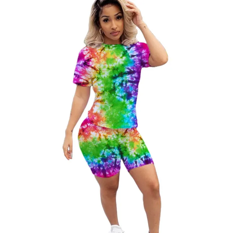 

Two Piece Set Women Outfit 2023 Fashion Street Hipster Tie Dye Positioning Print Short Sleeved T Shirt Shorts Sportswear Suit XL