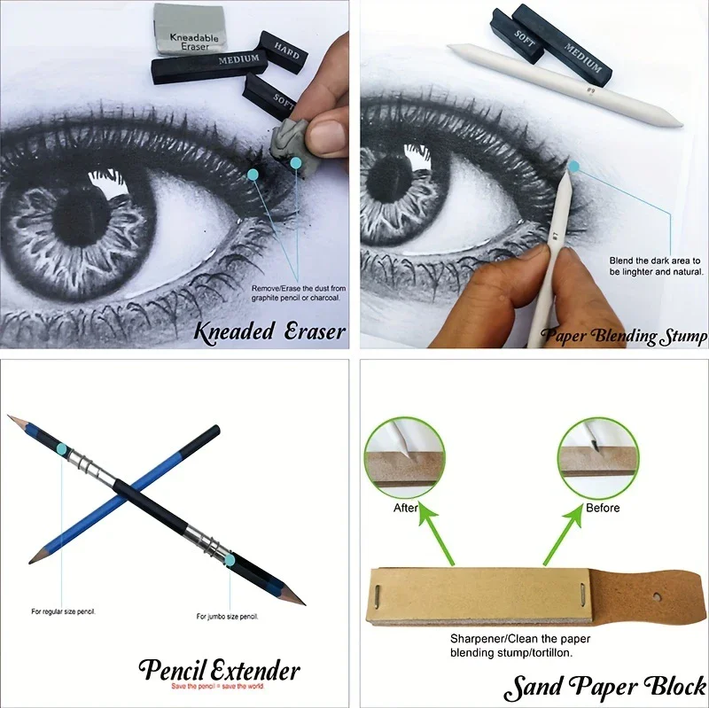 60PCS Luxus Holz Box Skizzieren Bleistift Set Kunst Zeichnung Skizzieren Mehrzweck Holzkohle Malerei Set Künstler Malerei Schreibwaren – Detail 7