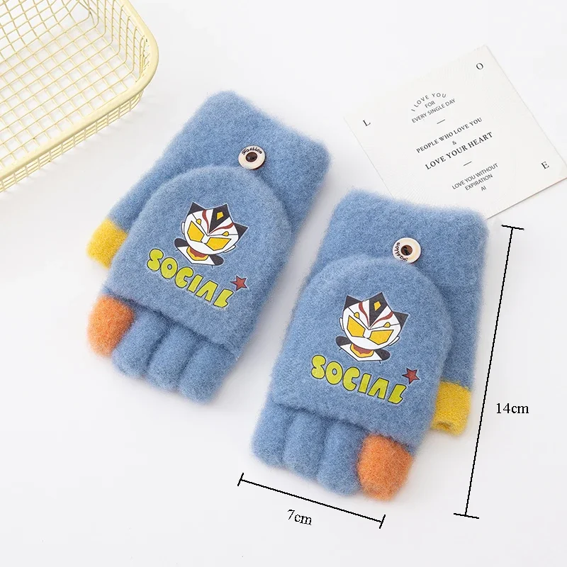 5-12Y Cute Children Gloves Winter Autumn Half Finger Flip Cover Warm Boy Girl Mittens Cartoon ultraman Kids Cycling Gloves 2