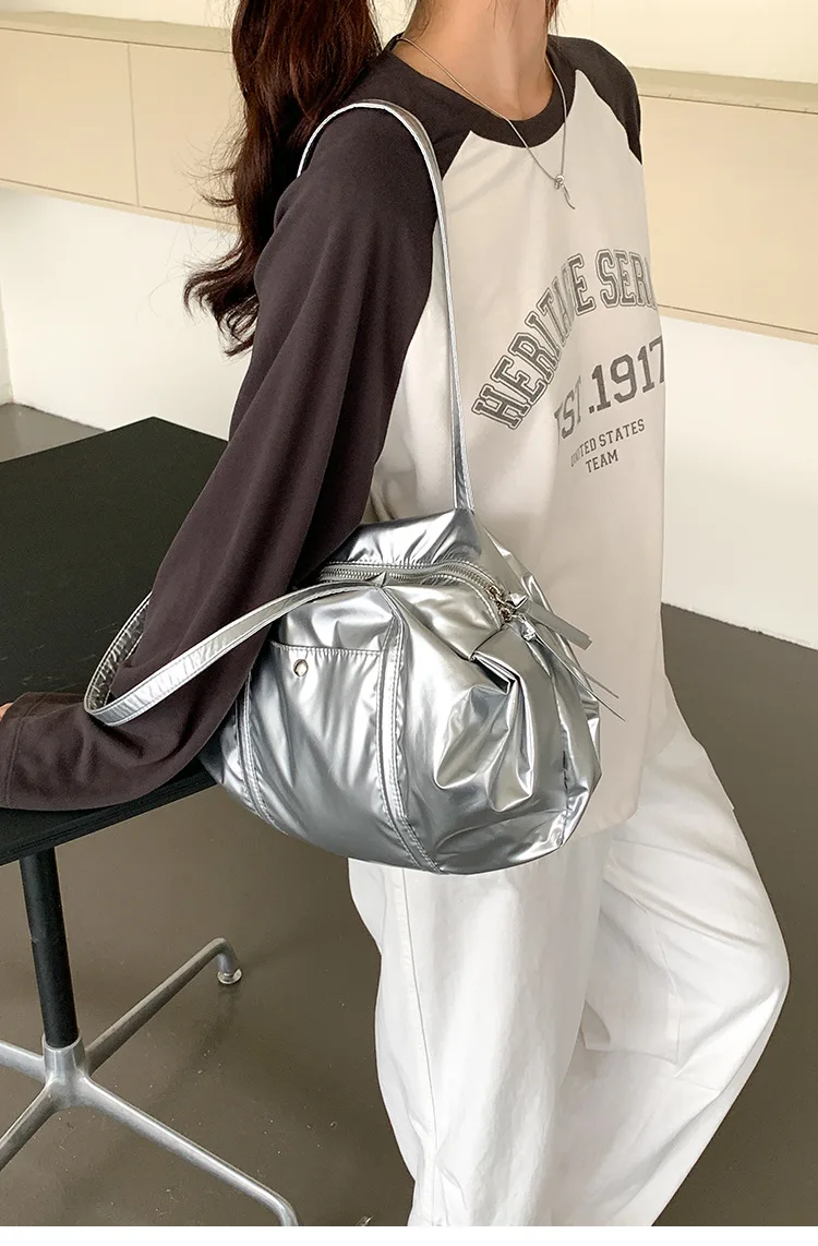Fashion Silver Shoulder Bag Nylon Commuter Bowling Bags Large Capacity Korean Women's Handbag Summer Niche Solid Color Handbags