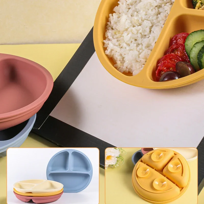Silicone dining plate silicone meal set silicone feeding set silicone feeding bowl baby tableware set Baby Silicone Plate 4 Suction Cups Toddler Feeding Plate Smile Face Sucker Bowl Children Dishes Kids Training Tableware
