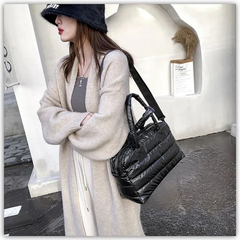 Fashion Quilted Cotton Padded Nylon Messenger Bag Women Large Capacity Shoulder Bag Solid Color Zipper Designer Top-handle Bags