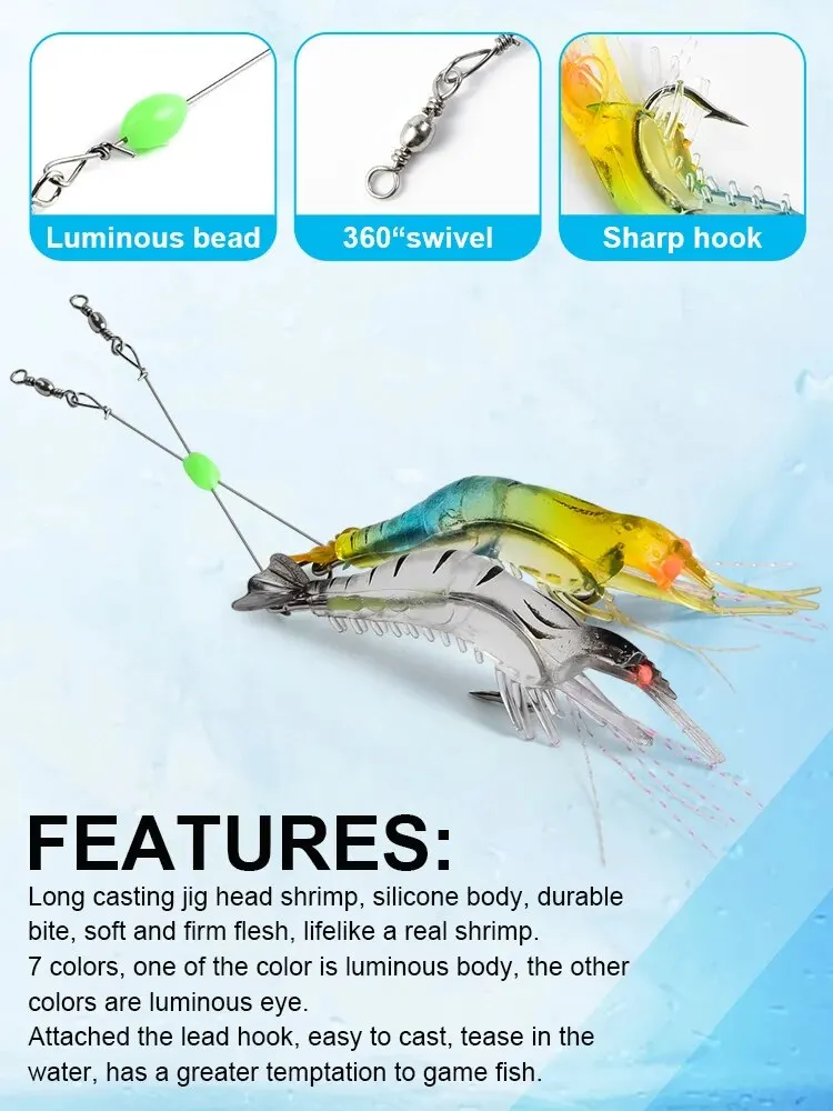 Description Picture 3 of item7PCS/Lot Shrimp Soft Fishing Lure 9cm/6g Artificial Bait With Luminous Bead Swivels Hook Lifelike Shrimp Lure Carp Fishing Bait