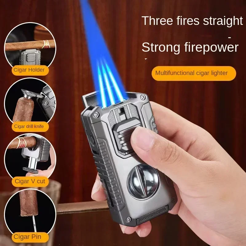 Multifunctional Three-jet Flame Direct Injection Cigar Lighter Plasma Lighter Arc Lighter Gas Lighter Kerosene Lighter Torch Lighter Smoking Accessories with Built-in V-shaped Cigar Cutter Portable Five-in-one