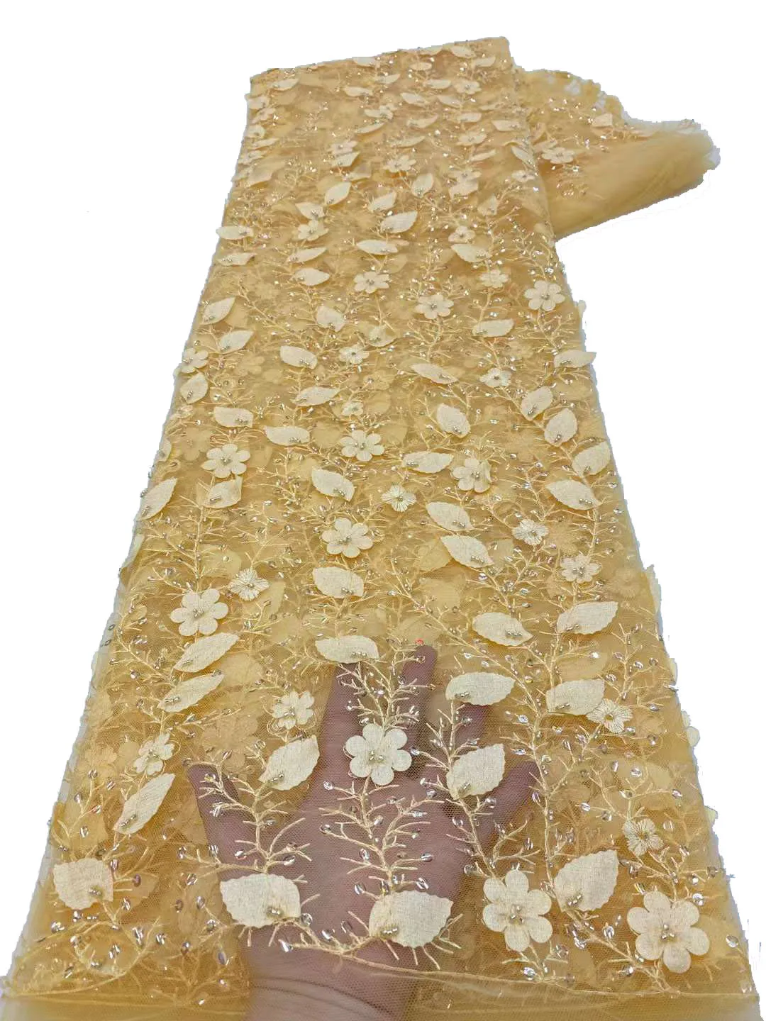 

Exquisite 3D three-dimensional leaf flower lace embroidery, high quality French tulle lace dress fabric/5yards