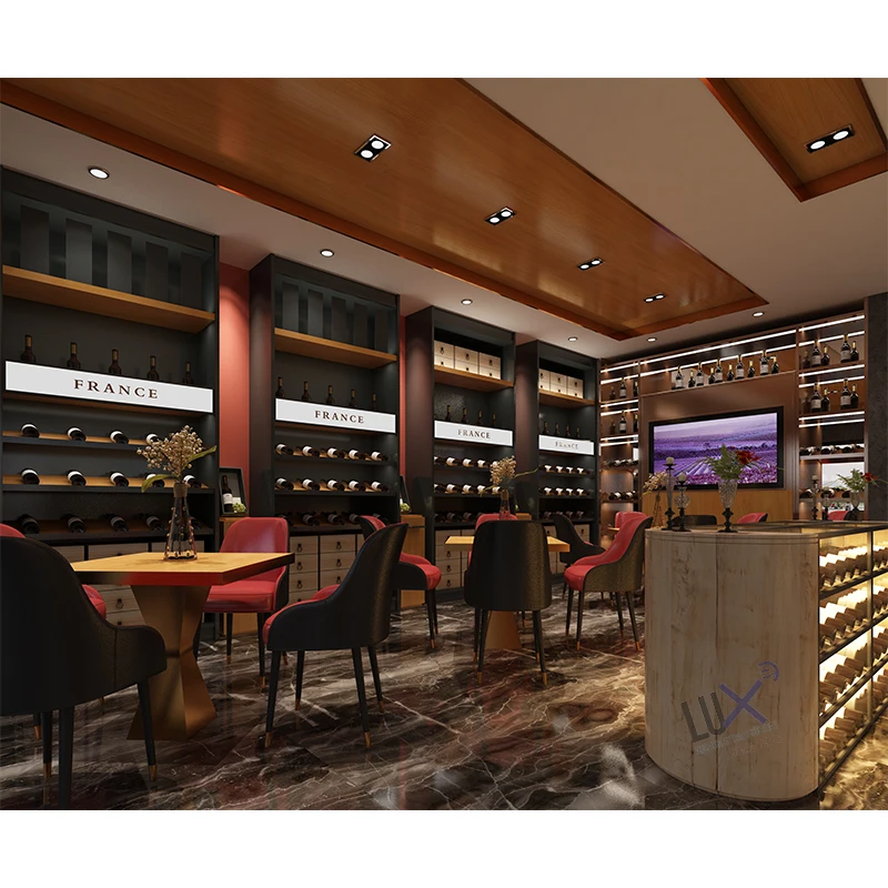 High Quality Whiskey Showcase Customization Wine Shop Design Wood Wine Furniture Bar Glass Display Cabinet