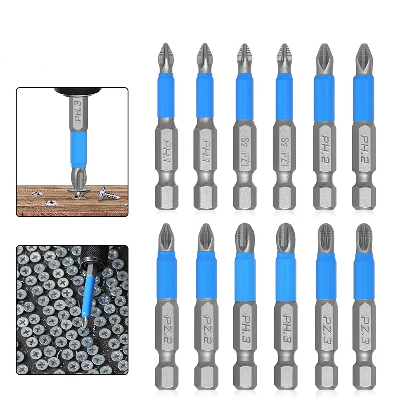 

12pcs/set 50mm Long Phillips Pozidriv Pozi PH1PH2 PH3 PZ1 PZ2 PZ3 Screwdriver Bit Anti Slip 1/4' Hex Shank Magnetic Bits Tools