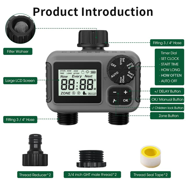 2-Outlet Mini Garden Water Timer Auto/Manual Intelligent Irrigation Watering System Sprinkler Timer Programmer LCD Display 6