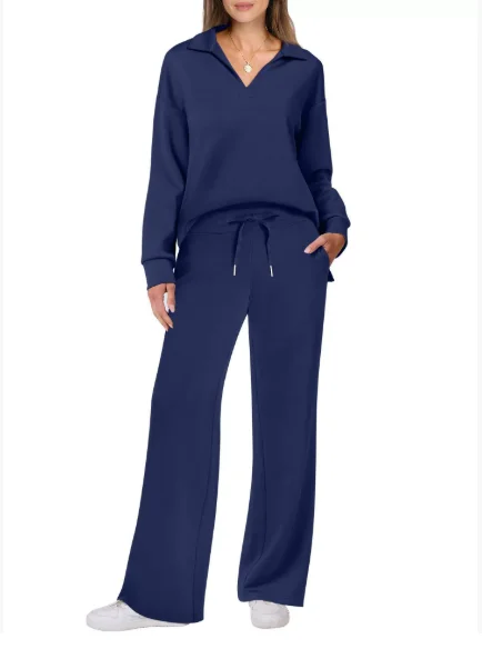 2025 European and American Autumn and Winter New Fashion Casual Women's Long Sleeved Drawstring Solid Color Commuting Pants Set 5