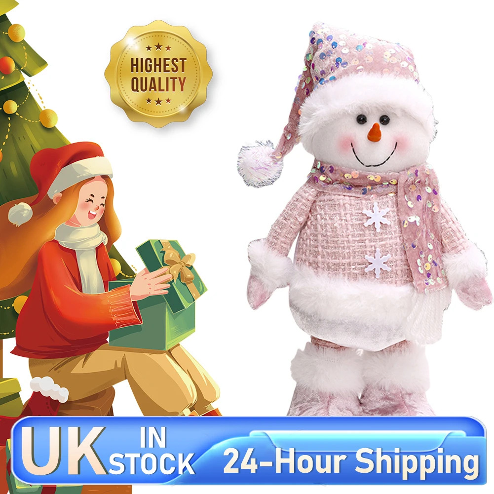 Merry Christmas Santa Claus Snowman Pink Sequin Telescopic Doll Standing Snowman Ornament for Door Window Table Decoration Props