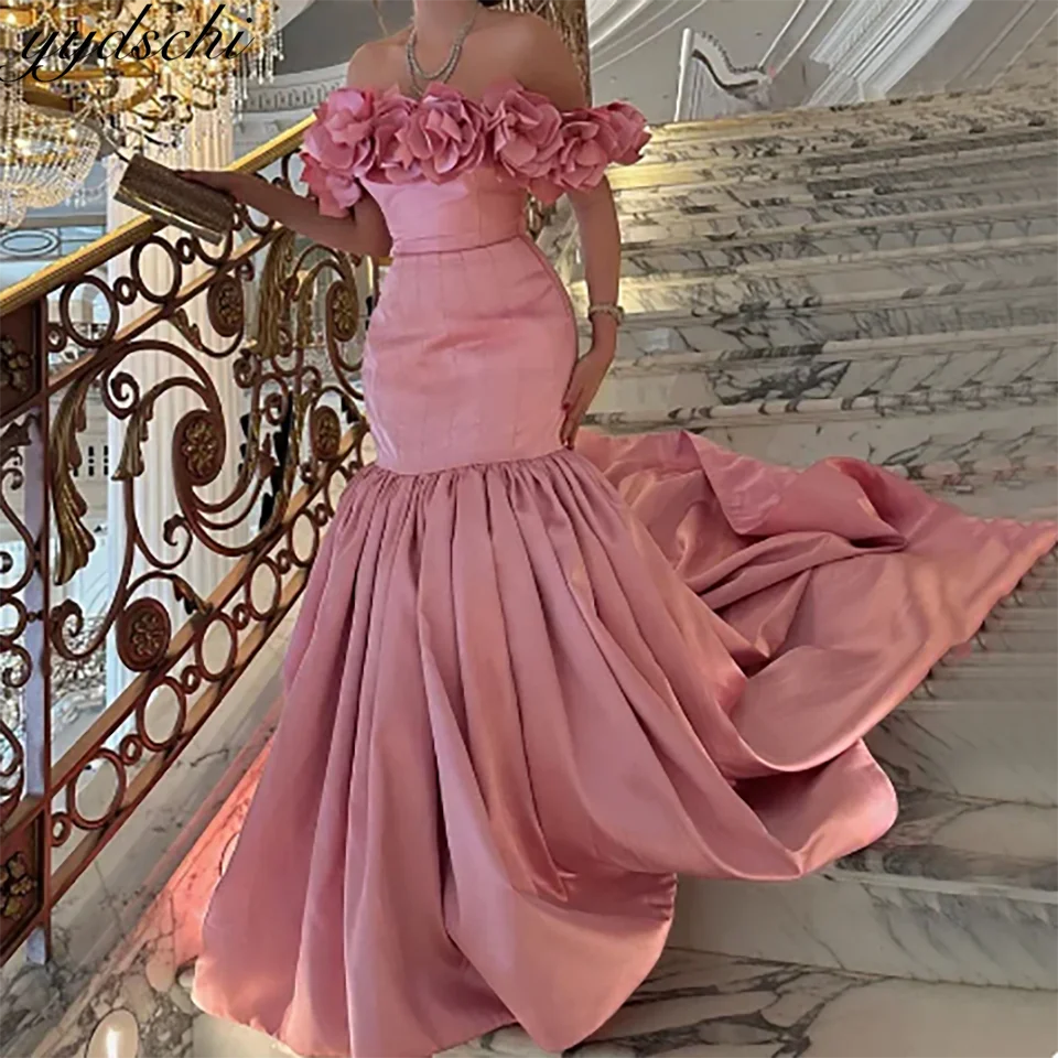 

Charming Sweet Pink 3D Flowers Ruffles Mermaid Wedding Dresses 2024 Strapless Backless Sweep Train Tulle Bridal Gowns For Women