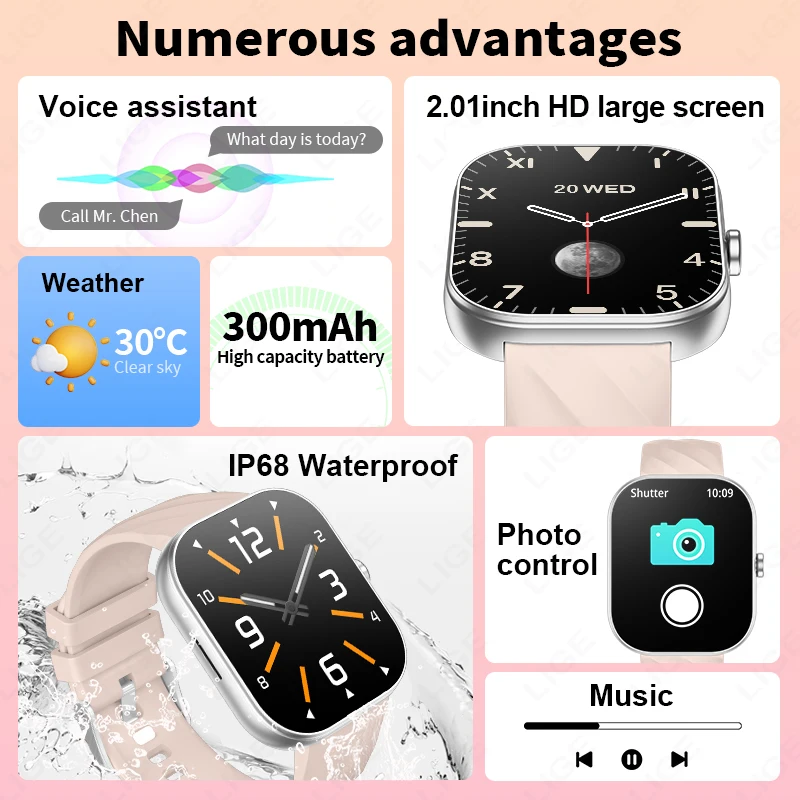 LIGE Women Smart Watch 2.01 inch Bluetooth Call Men Voice Assistant Heart Rate Monitor Sleep Tracker Smartwatch For Android IOS