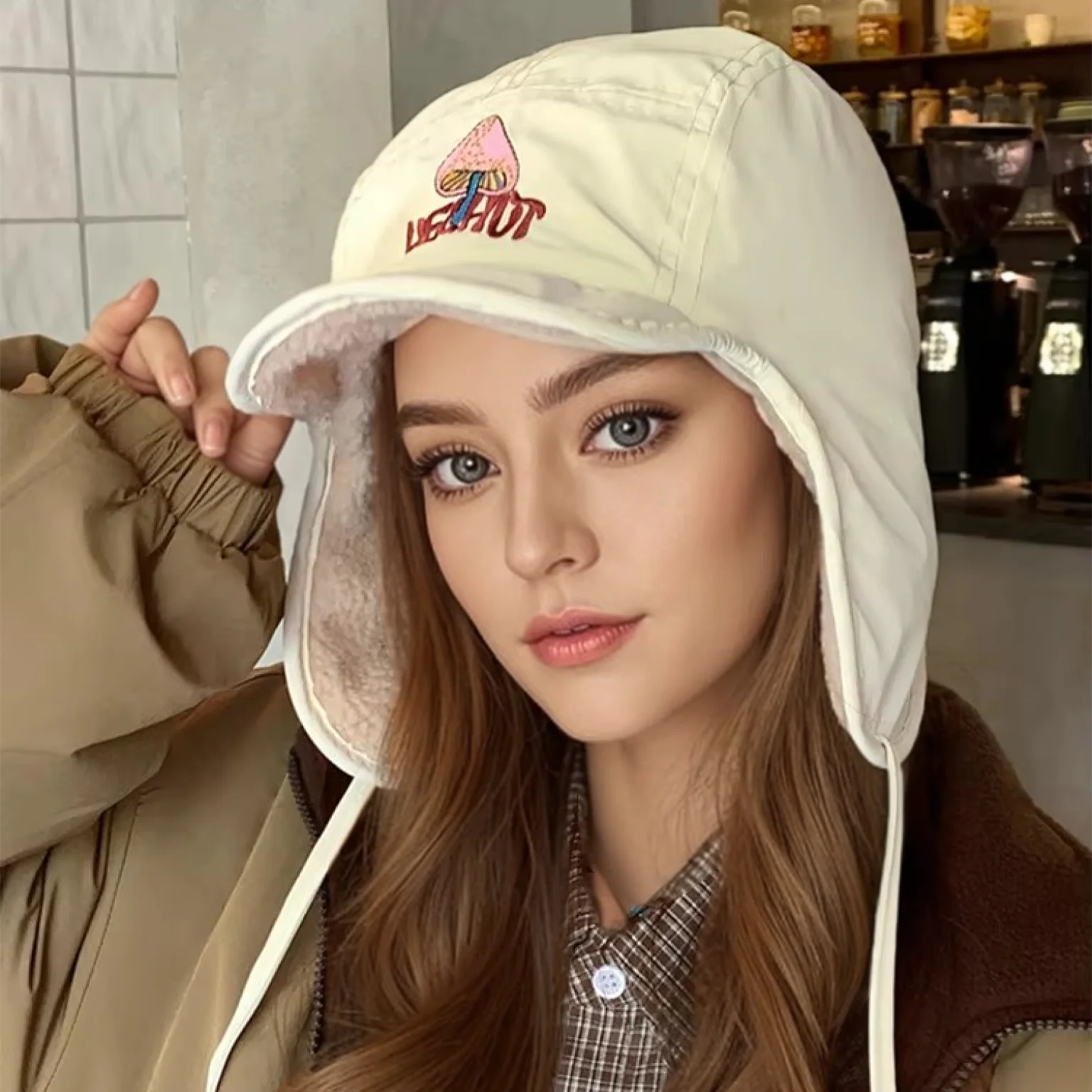 New Pilot Style Hat Fashioh Winter Cap Mushroom Embroidery Warm Bomber Hat Caps For Women Solid Color Girl Hats
