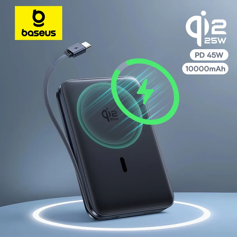 Baseus 10000mAh 45W Power Bank For Qi2.2 25W MagSafe Magnetic Wireless Charging Built-In USB-C Cable For iPhone 17 Samsung S25