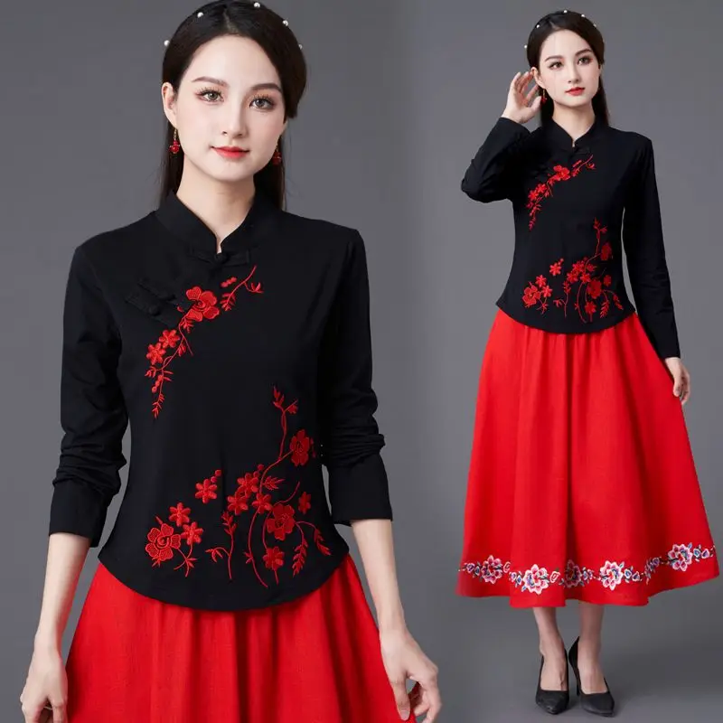 National Style Top New Long Sleeve Embroidered T-shirt Women's Spring Chinese Style Women's Clothing Retro Buckle Stand-up Base