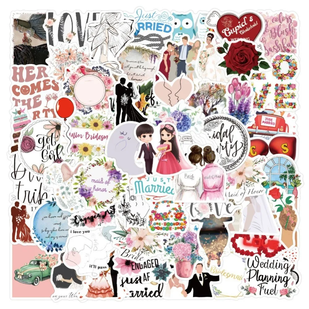 

10/60Pcs Ins Style Sweet Lover Romantic Wedding Cartoon Stickers for Couple Decoration Laptop Motorcycle Luggage Car for Kid