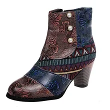  Women Shoes Splicing Printed Ankle Boots for Female PU Leather Retro Block High Heels Bohemian Ladies Spring Autumn Short Boots 