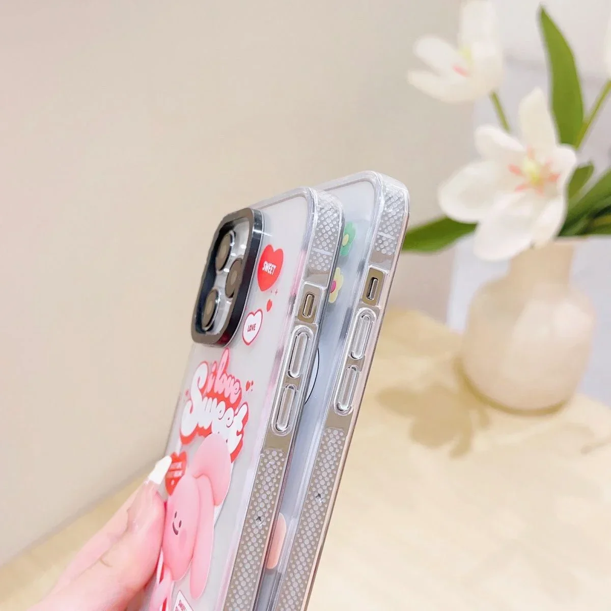 MagSafe Transparent Border Pink Rabbit Phone Case Cover for IPhone 13 14 15 Pro Max Case for IPhone 15 Pro