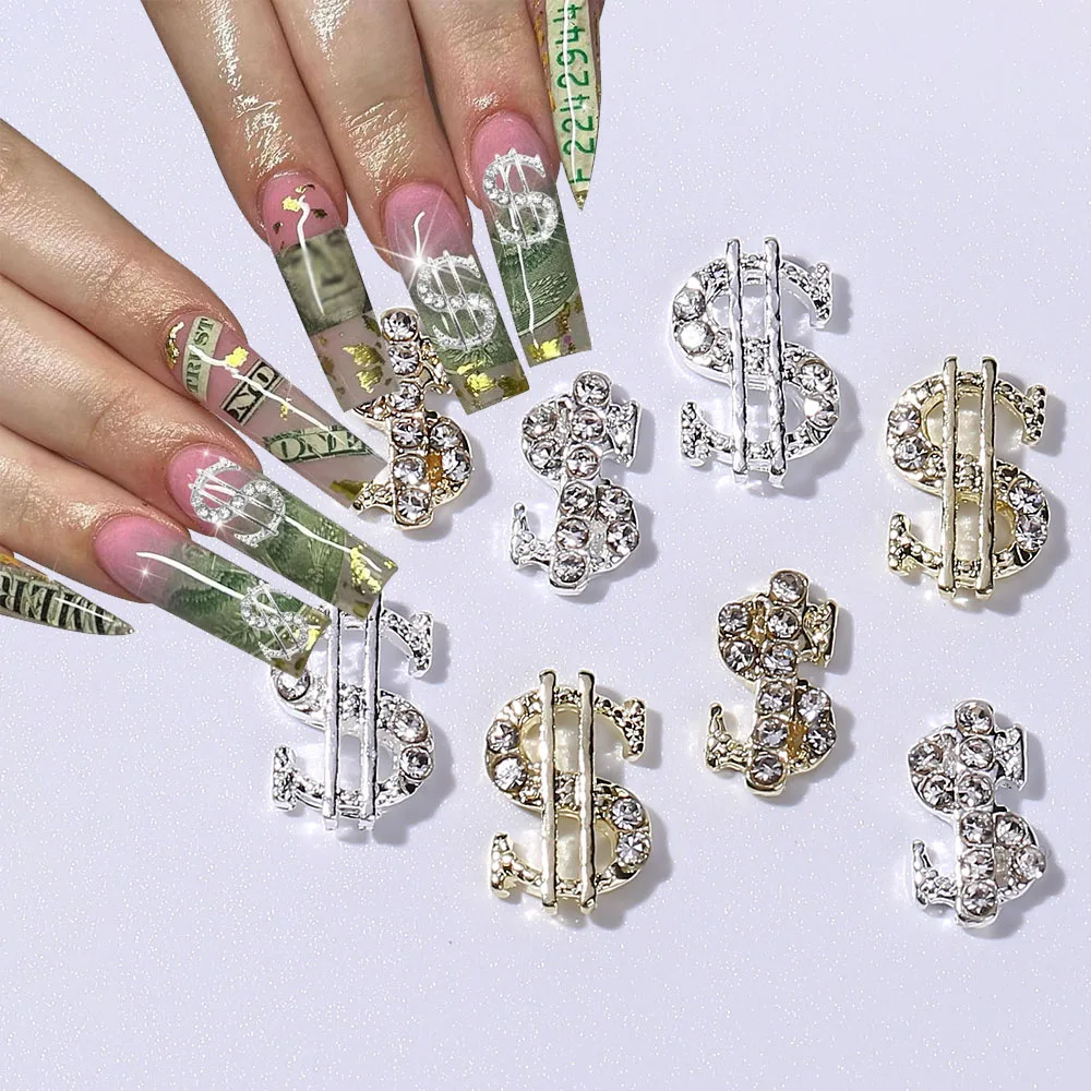 

10pcs 3D Dollar Sign Nail Art Charms Metal Alloy Dollar Nail Diamond Accessories with Gems Rhinestones Luxury Money Supplies