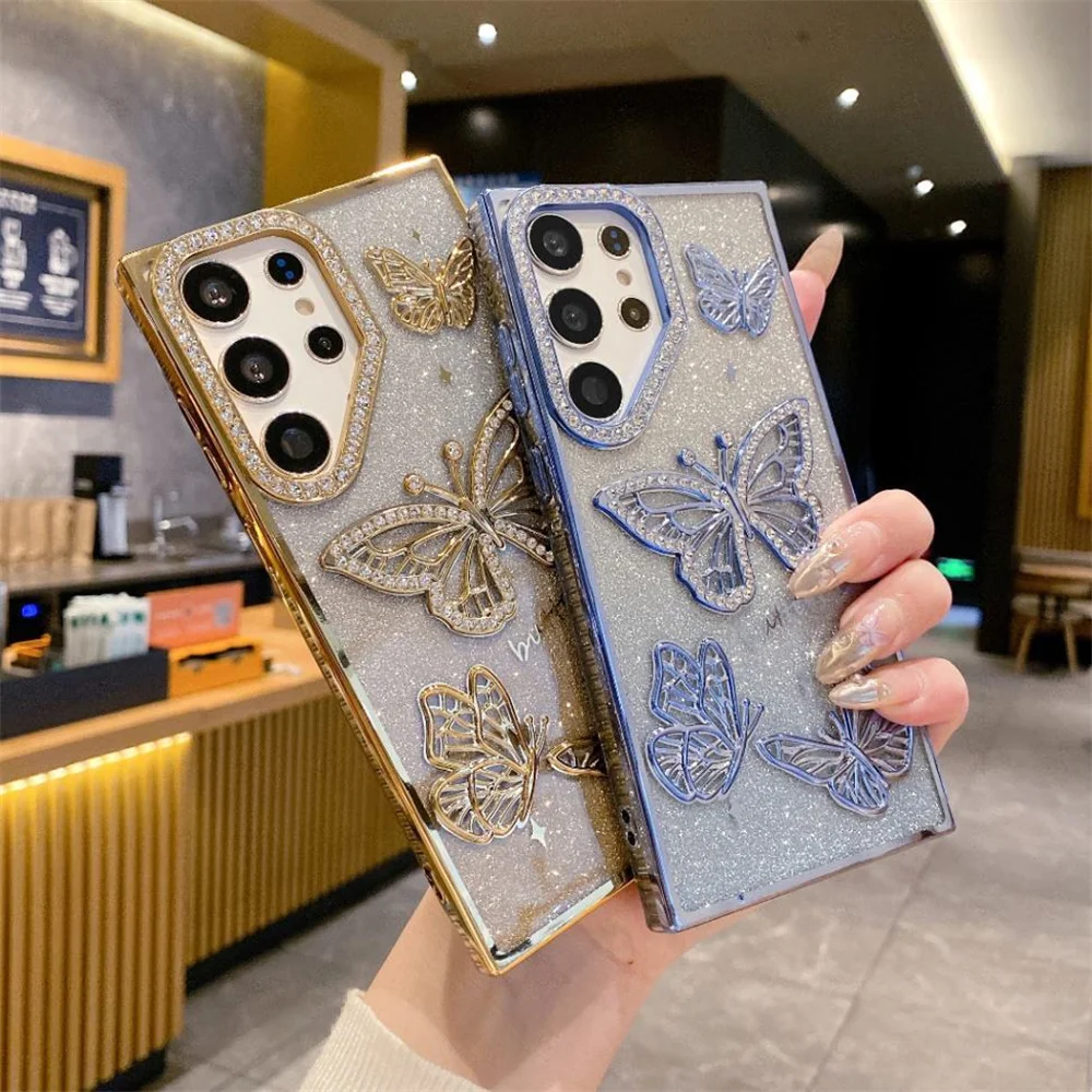 Cute Cartoon 3D Butterfly Diamond Glitter Gradient Phone Case with Plating Trim