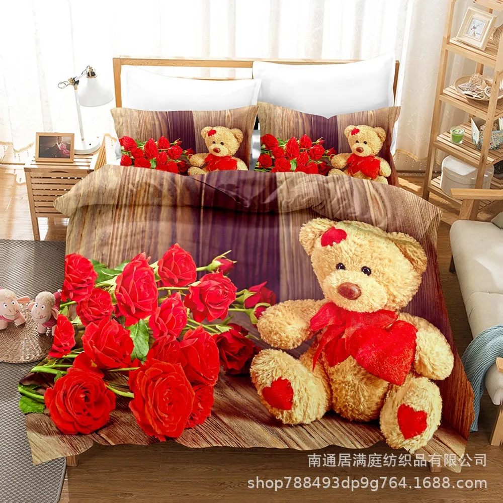 

Valentine's Day Bedding Set Fashion Bear Rose Duvet Cover Polyester Red Flower Bed Linen with Pillowcases for Couple Woman Teens