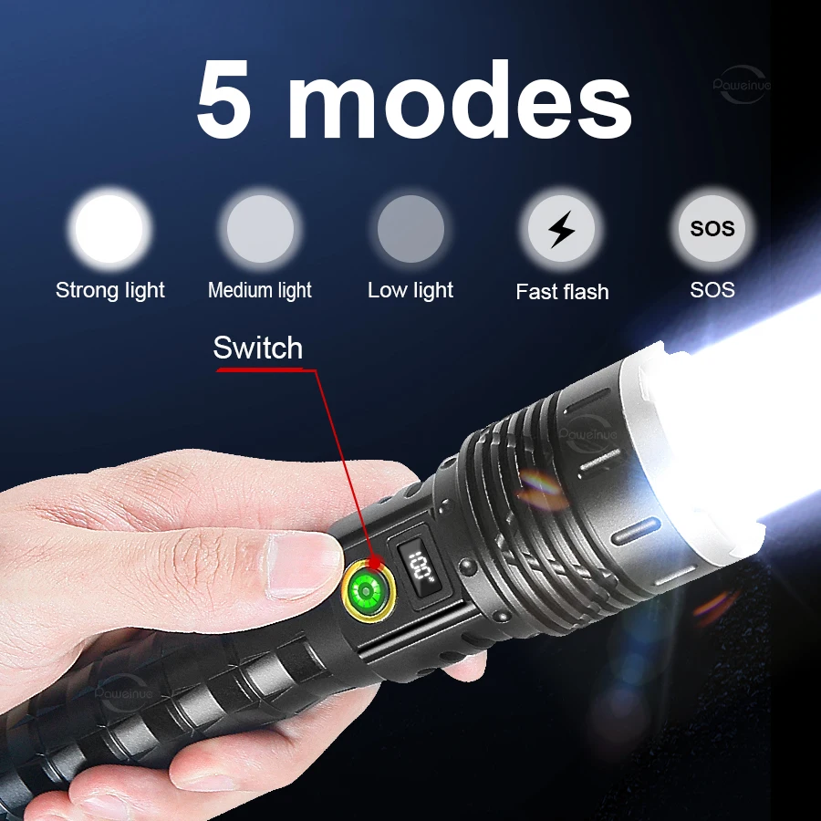 가장 강력한 고전력 Led 손전등 사용 26650 XHP360 충전식 Led 토치 줌 사냥을위한 3000M 야외 전술 랜턴