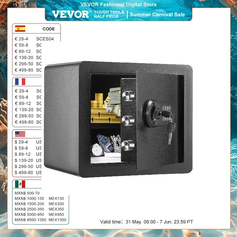 VEVOR 1.2/0.5 Cubbic Fit Electronic Safe Deposit Safe Box W/ Digital Access & Override Keys for Store Money Gun Jewelry Document