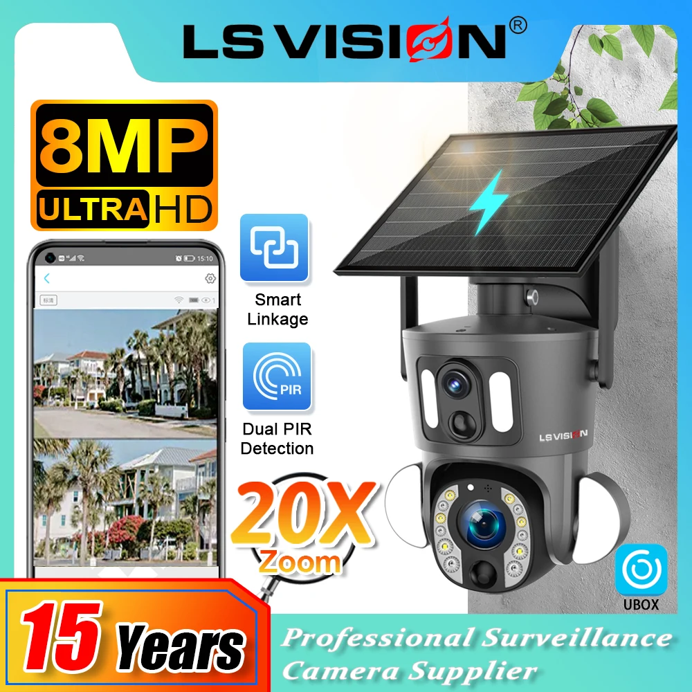 LS VISION 4G Solar Security Camera Outdoor 20X Zoom Dual Screen 8MP WiFi PTZ Dual Lens PIR Detection Auto Tracking Camera UBOX 1