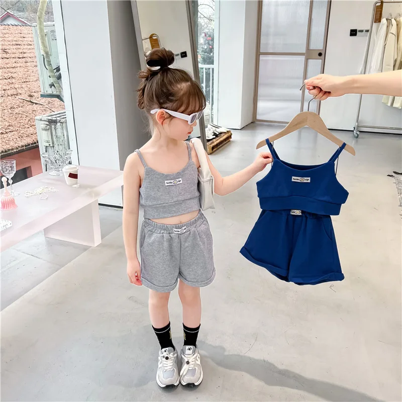 clothes set color	 Girls' Western-Style Leisure Suit 2022 Summer Korean Children'S Letter Embroidered Camisole Shorts Two-Piece Set baby boy clothing sets cheap	