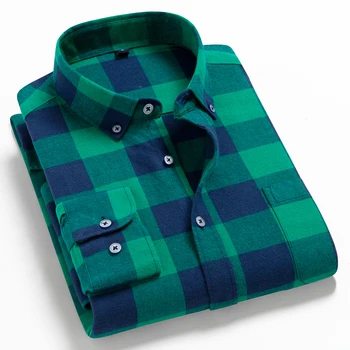 Camicia a maniche lunghe spazzolata scozzese casual alla moda da uomo, comode camicie autunnali in flanella spessa abbottonata in cotone 100%. 1